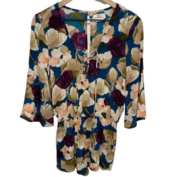 O'Neill Blue Floral Print Romper Playsuit Size Small - Picture 1 of 10